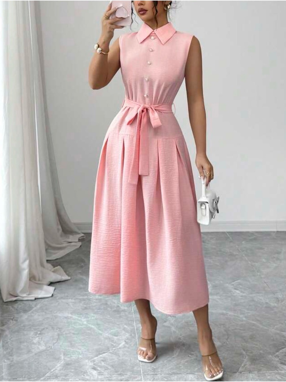 Sleeveless Collared Midi Dress in Soft Pink